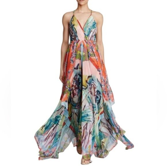 Alice + Olivia Orly Lola Lady Dress Size 2 Boho Resort Maxi Handkerchief Hem - Picture 2 of 14